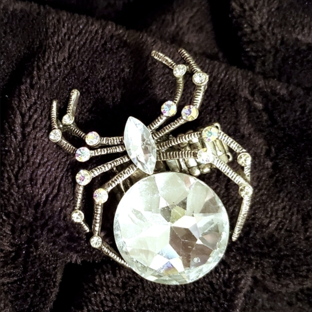 Goth Spider Ring, Vintage Silver Tone With Rhinestones